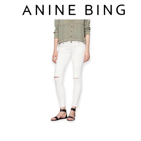 Anine Bing Denim - Anine Bing White Distressed Low-Rise Skinny Jeans Size 26 Designer Denim
